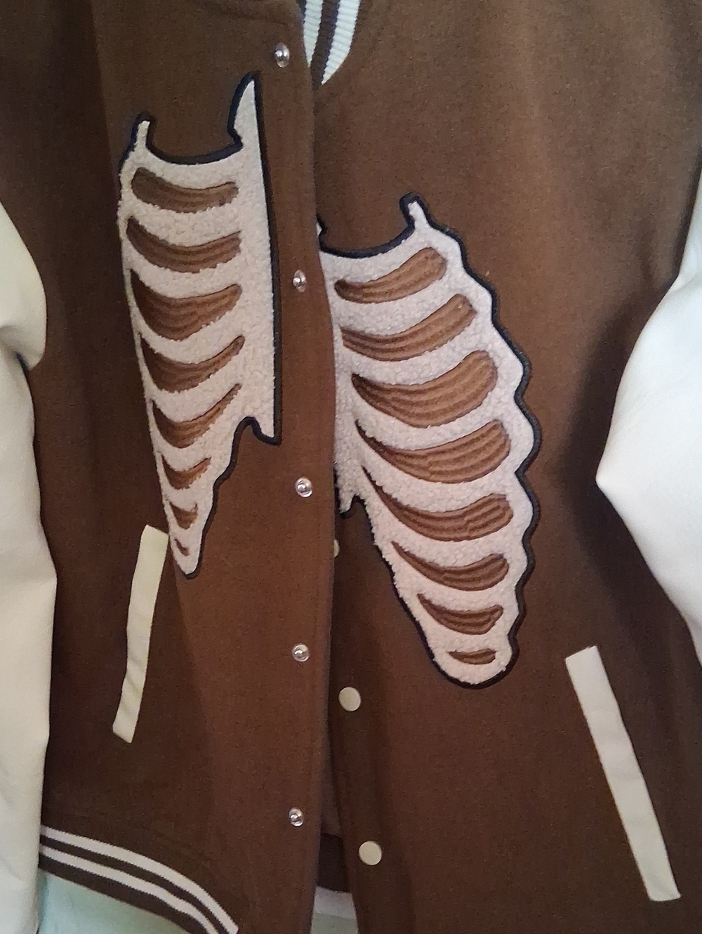 Brown and Cream Varsity Jacket with Rib Panel Detail